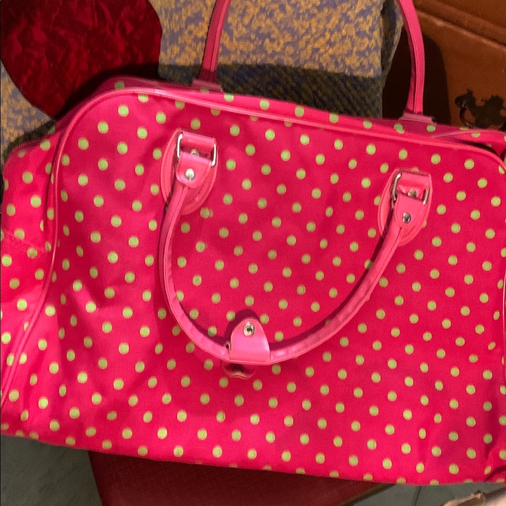 Polka Dot Tote/Travel Bag Pink and Green - Picture 5 of 7